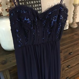 BCBG Navy Sequin Strapless Formal Long Dress